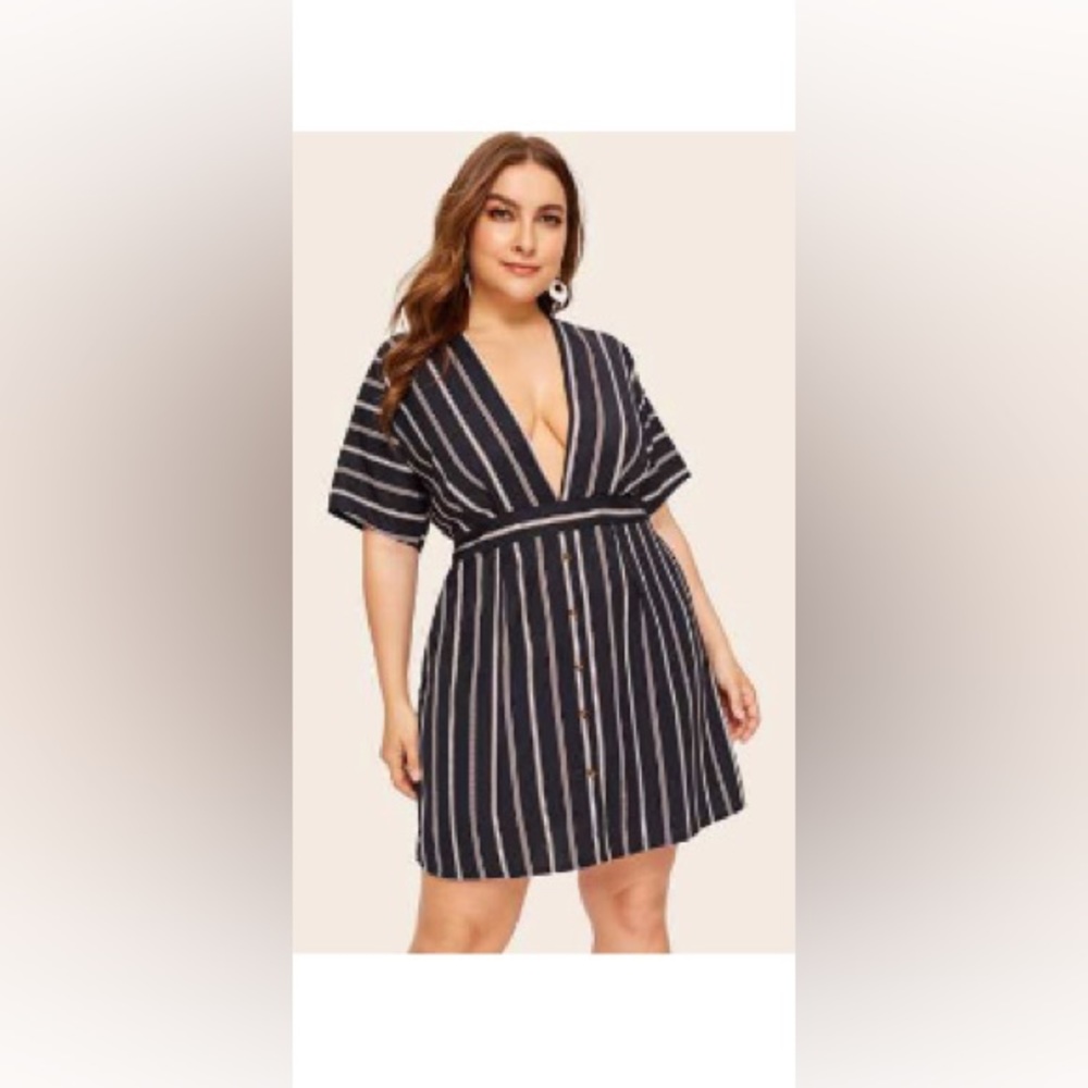 Shein Plus Striped Deep V Neck Button Through Dress